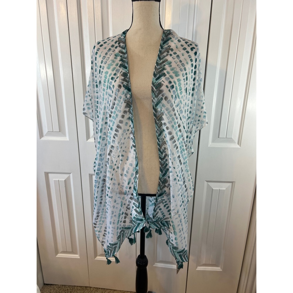 Styline Womens Teal Abstract Print Tassel Trim Kimono Wrap One Size NEW